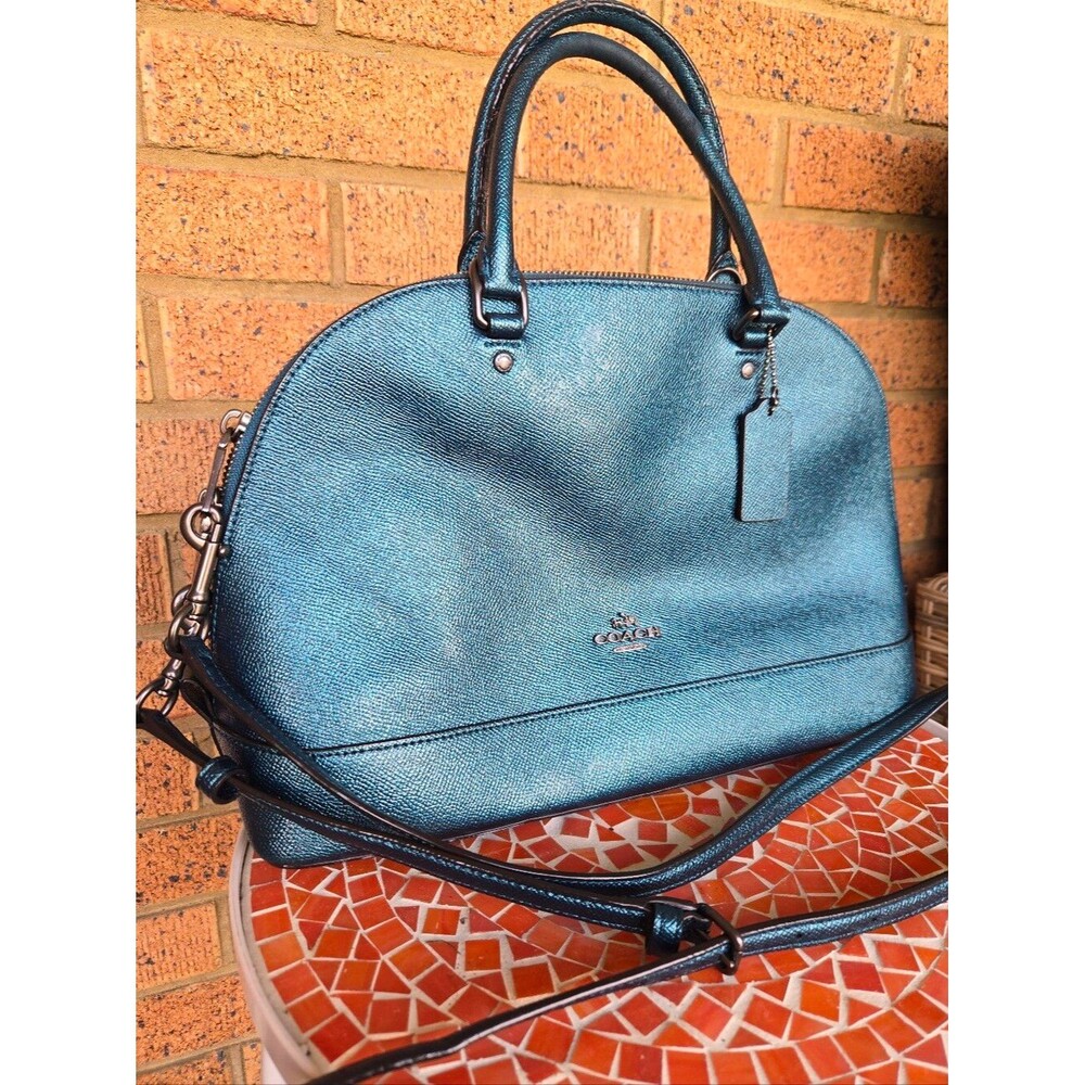 COACH Metallic Dark Teal Leather Large Sierra Satchel Dome Crossbody Bag F22313